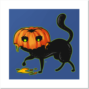 Black Cat With A Pumpkin Costume Hat For Halloween Posters and Art